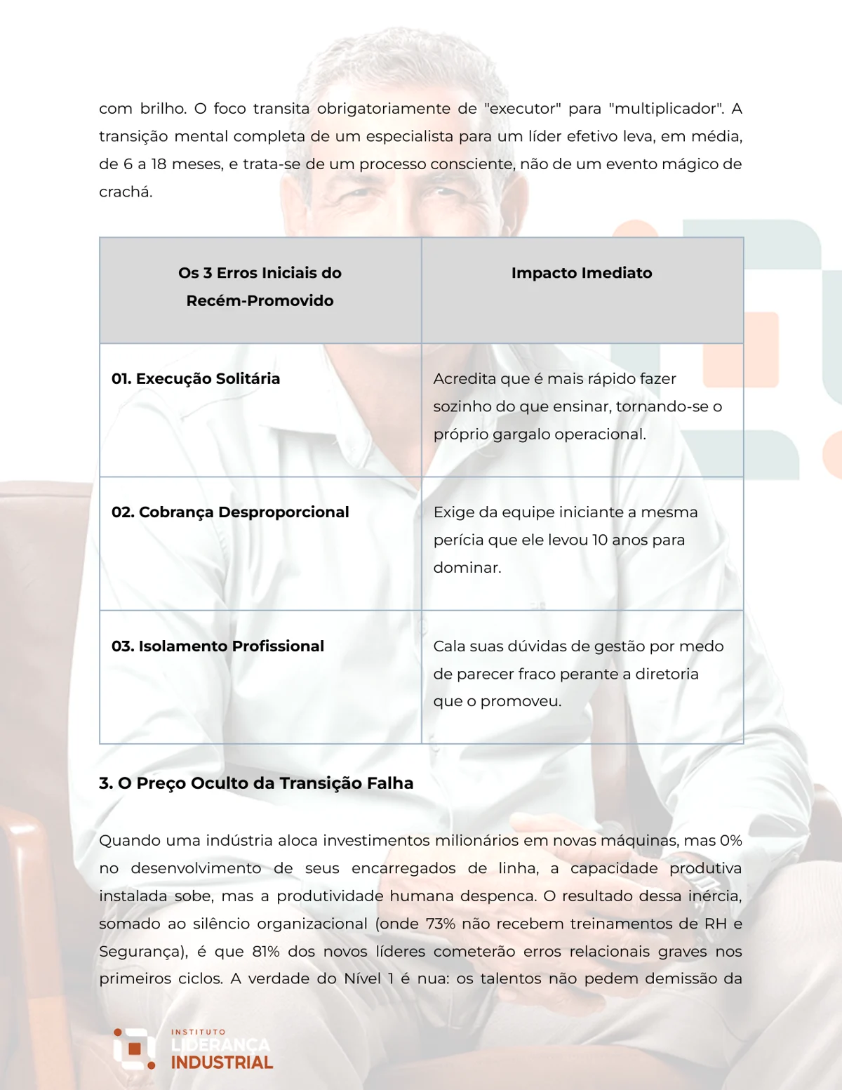 Página do material de estudo com a tabela dos três erros iniciais do recém-promovido