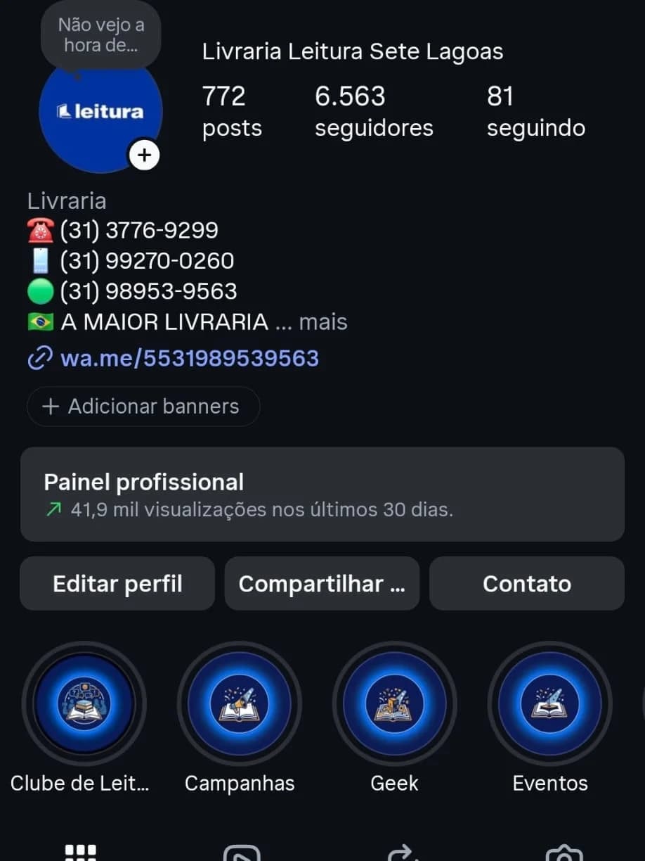 Perfil da Leitura Sete Lagoas organizado: bio, contatos e destaques de Clube de Leitura, Campanhas, Geek e Eventos
