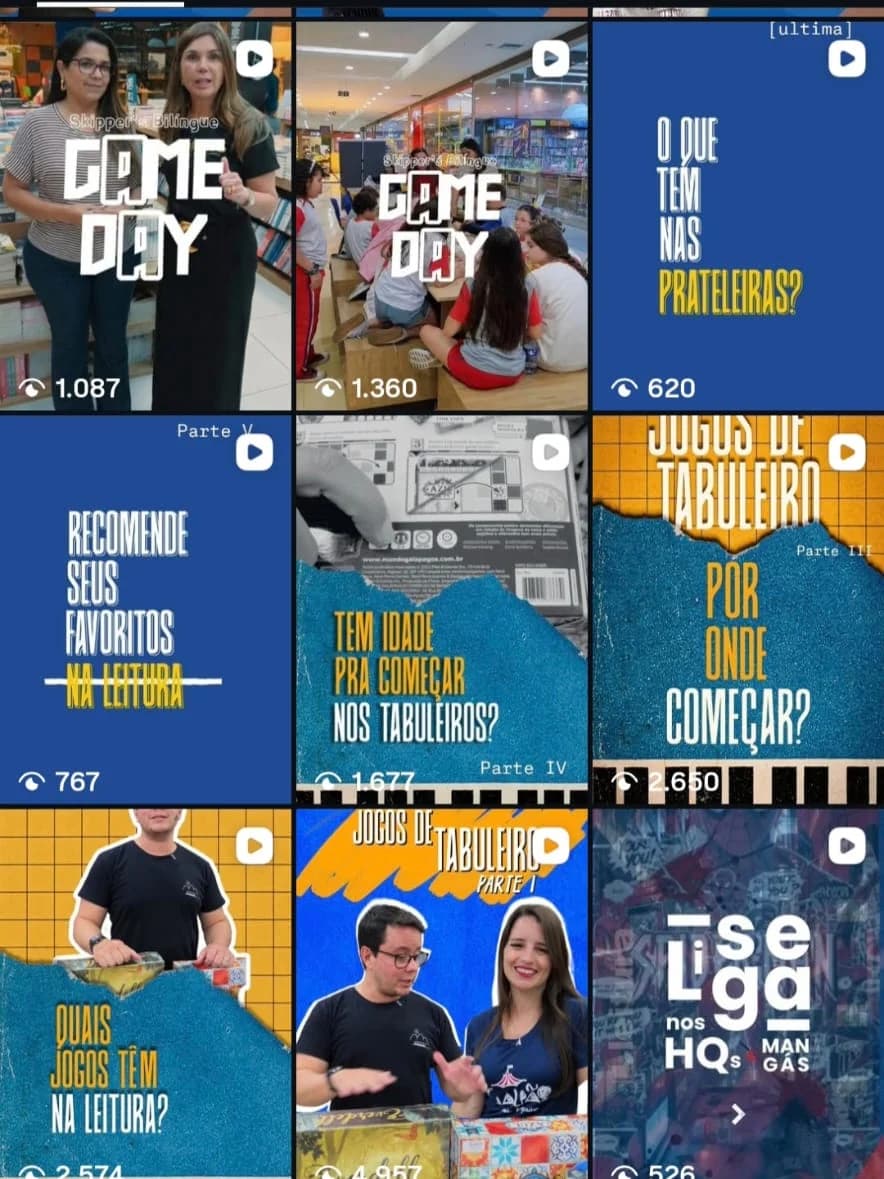 Feed com séries recorrentes e as visualizações de cada vídeo: game day, jogos de tabuleiro, HQs e mangás